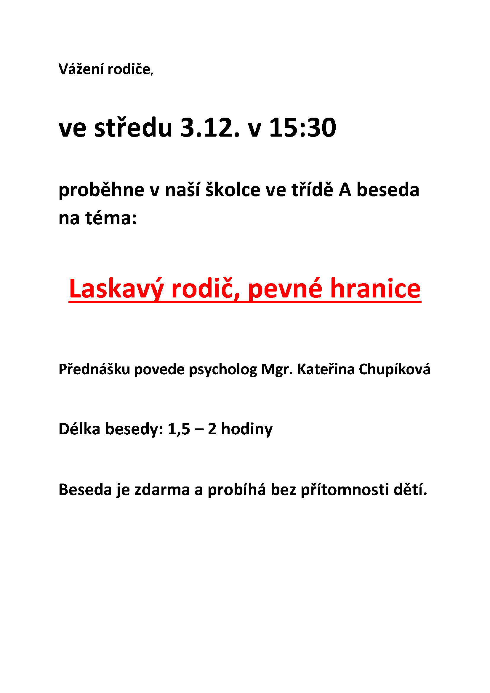 Přednáška: Laskavý rodič, pevné hranice